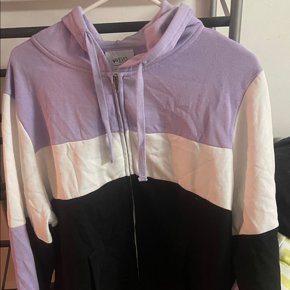 Women's Colorblock Hoodie Jacket - Purple, White, and Black